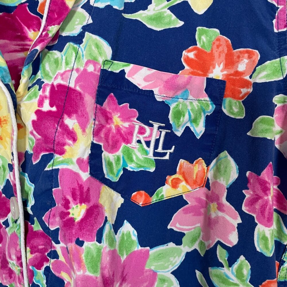 Lauren Ralph Lauren Women S Pink Blue Floral Pajama Set Cotton Button Front - Picture 5 of 13